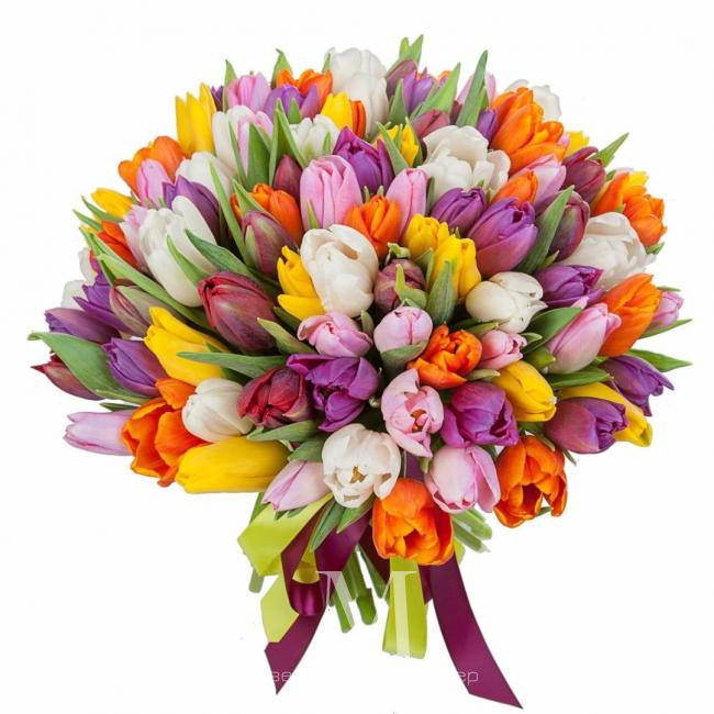 Букет «Радужные тюльпаны» от интернет-магазина «Цветочных дел Мастер»